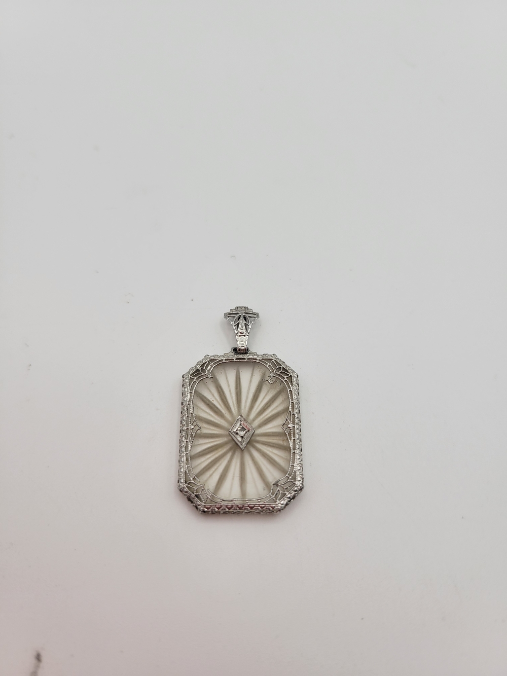 Vintage 14K White Gold Camphor Glass Art Deco Victorian Necklace Pendant